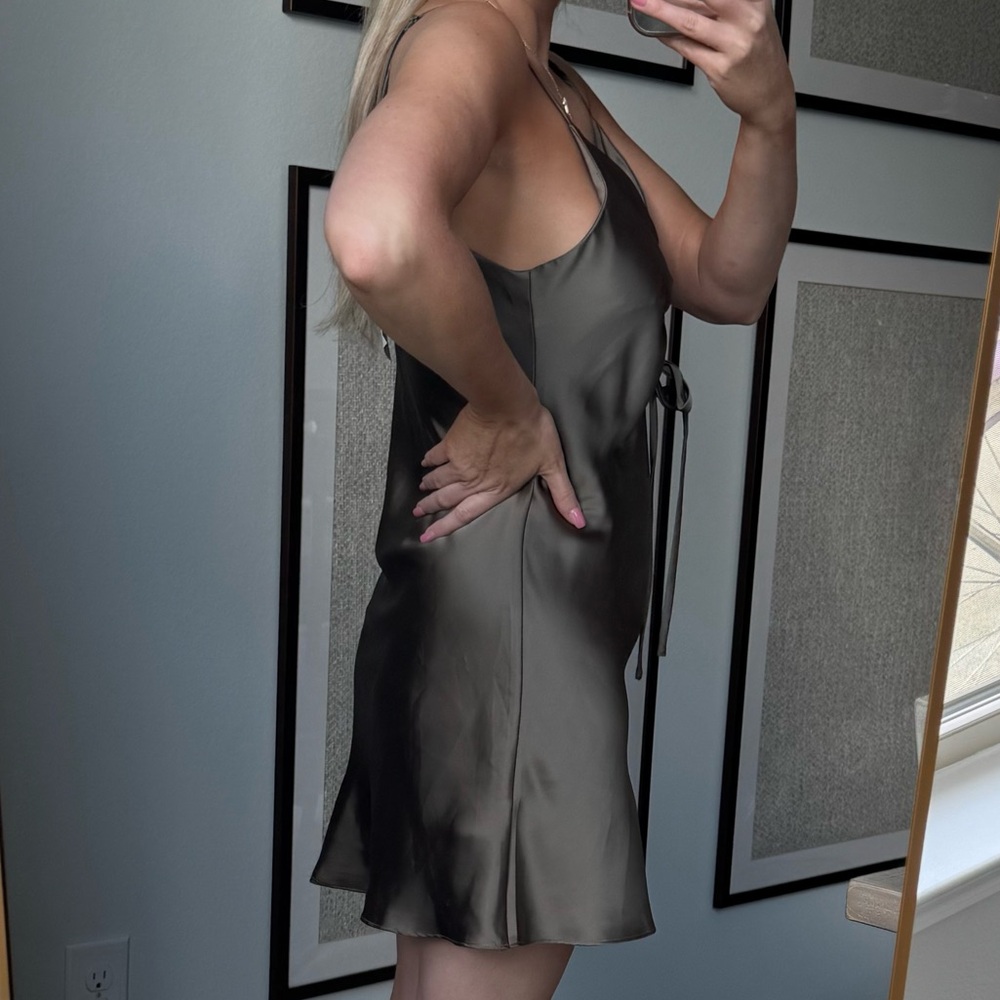 Sleek Satin Ruched Olive Green Midi Slip Flowy Dress - Picture 3 of 9